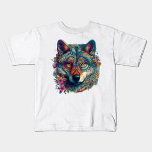 colorful wolf with flowers Kids T-Shirt